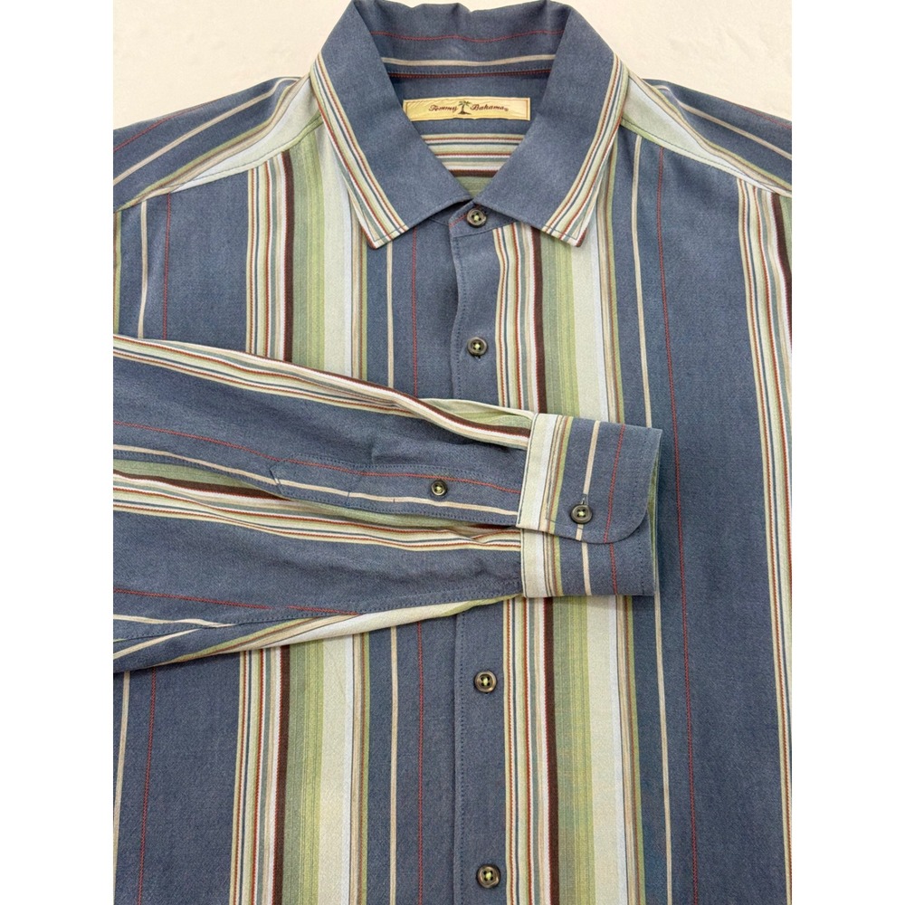 Tommy Bahama Mens L Button Down Long Sleeve Bue green stripe 100% tencel lyocell